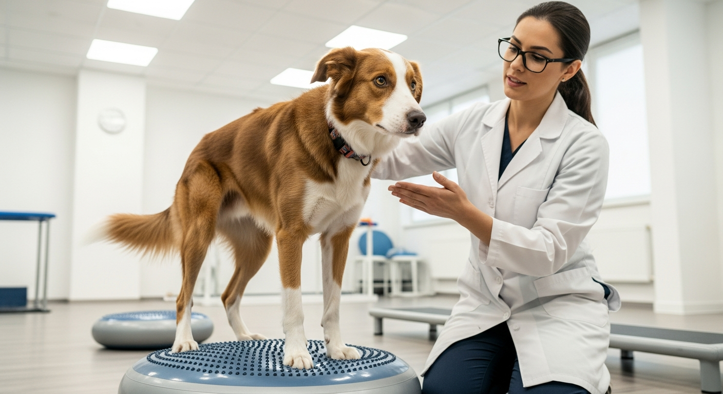 Dog performing balance disc exercise during neurological rehabilitation