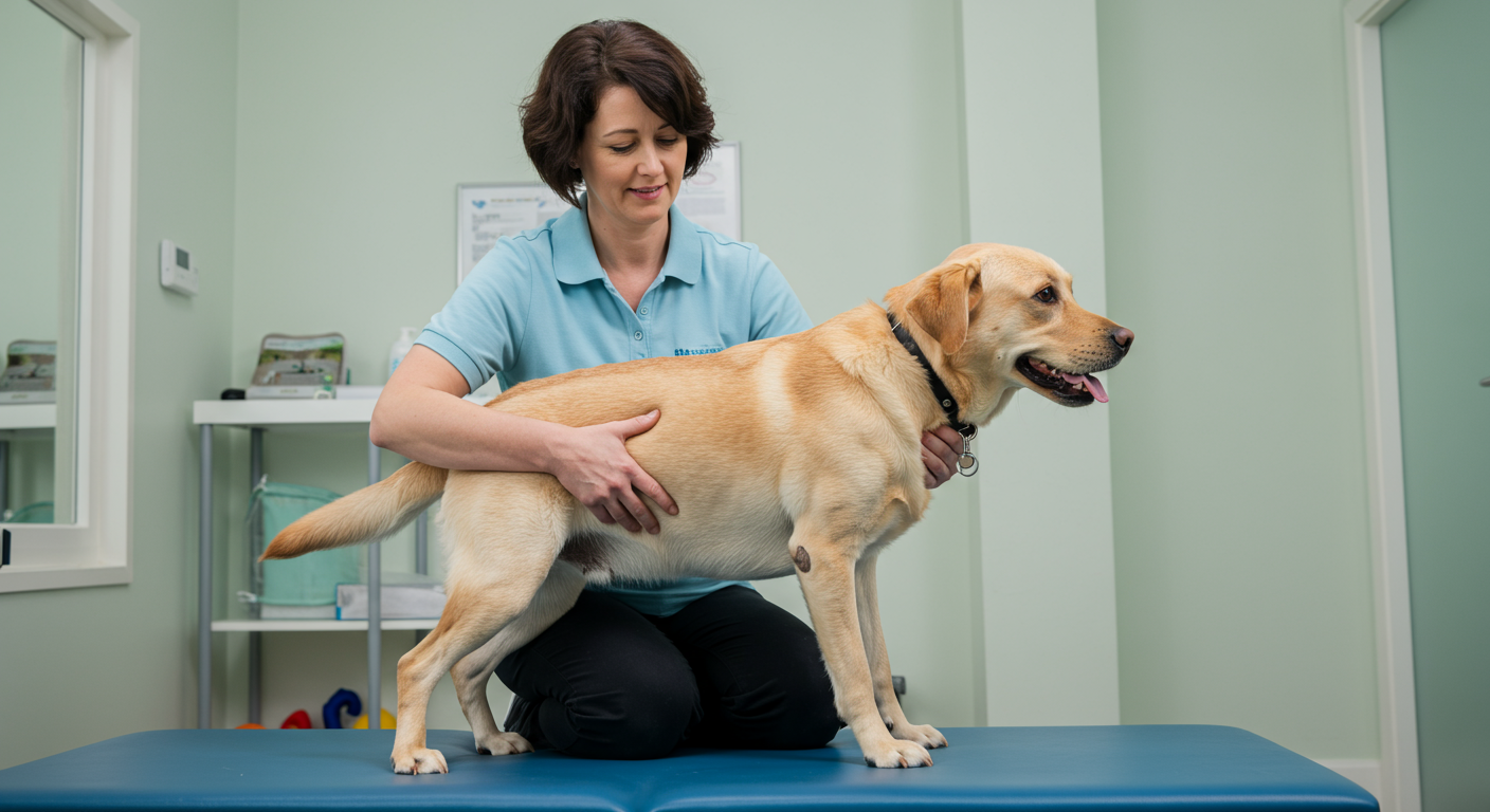 Canine rehabilitation therapist performing range of motion on a labrador